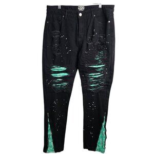 Men's ROCK SALT Straight Leg Distressed Jeans BLACK GREEN 38 Grunge Punk Retro